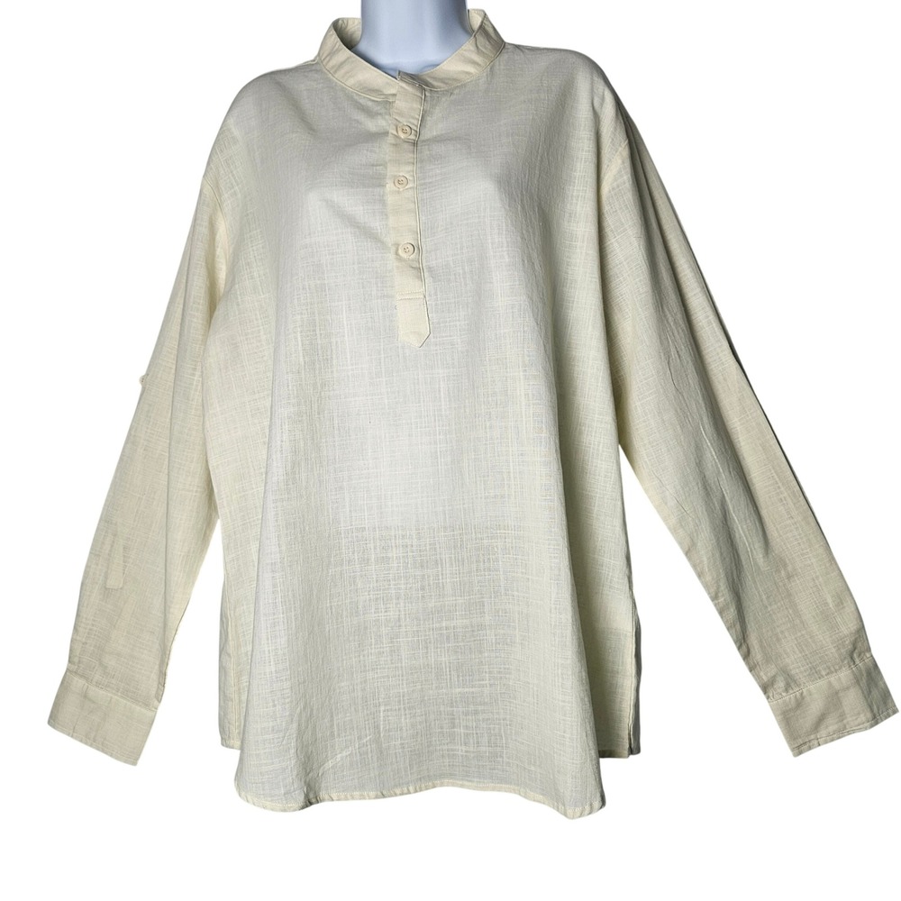 NWT‎ COOFANDY Cream Linen Blend Mandarin Collar Henley Tunic Shirt Top Women L